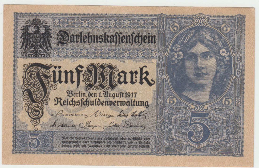 Ro. 54 b, 5 Mark vom 01.08.1917, Q.19960413, kassenfrische Erhaltung I