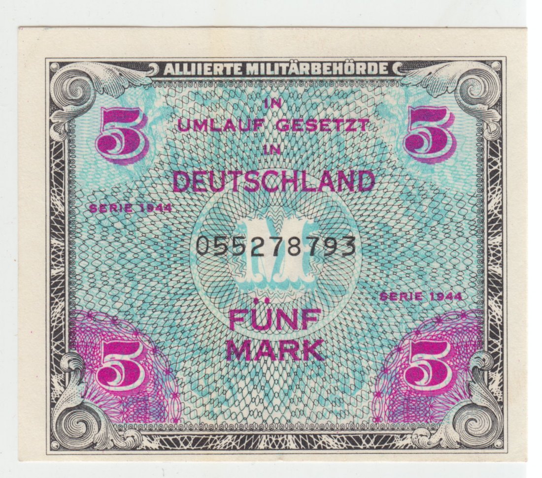 US-Druck, Ro. 202 a, 5 Mark 1944, 055278793, fast kassenfrisch II+