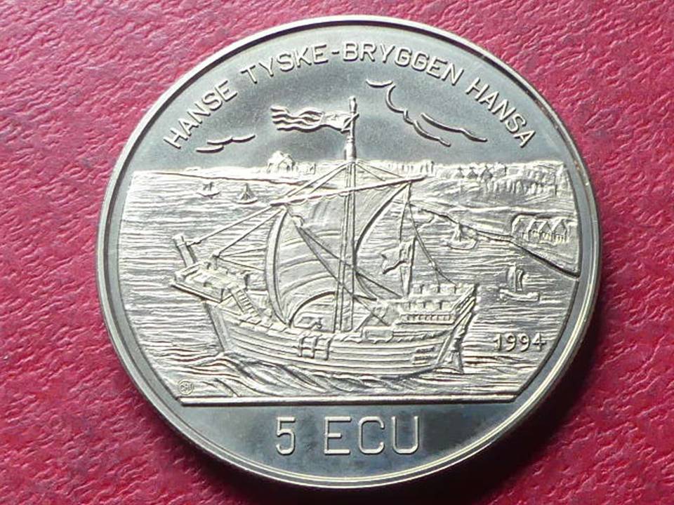  Münze 5 ECU Norwegen 1995 Cu-Ni Hanse Tysken-Brygge Bergen   