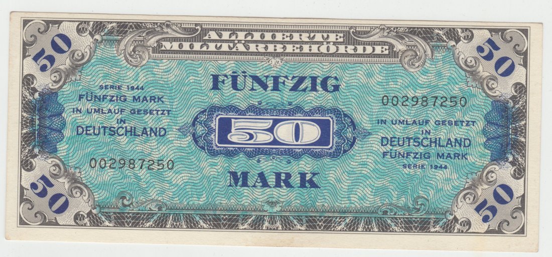 US-Druck, Ro. 205 a, 50 Mark 1944, 002987250, leicht gebraucht II
