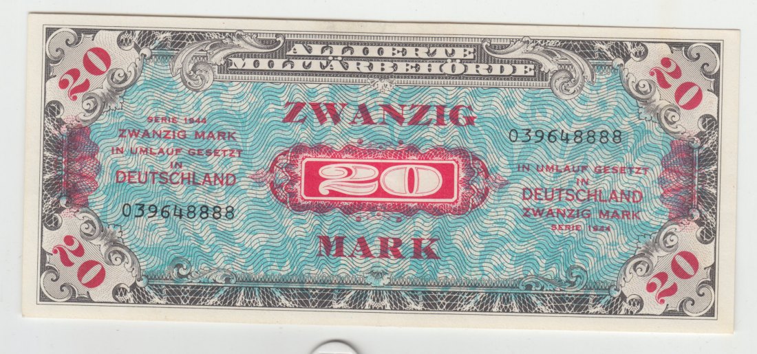 US-Druck, Ro. 204 a, 20 Mark 1944, 039648888. fast kassenfrisch II+