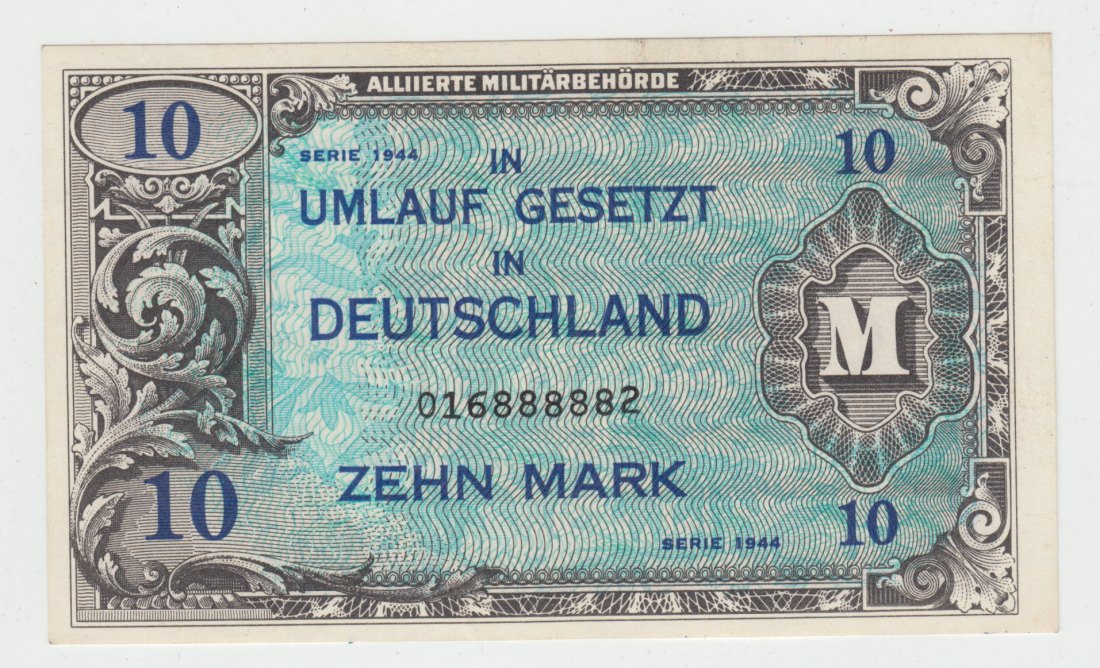 US-Druck, Ro. 203 a, 10 Mark 1944, 016888882, fast kassenfrisch II+
