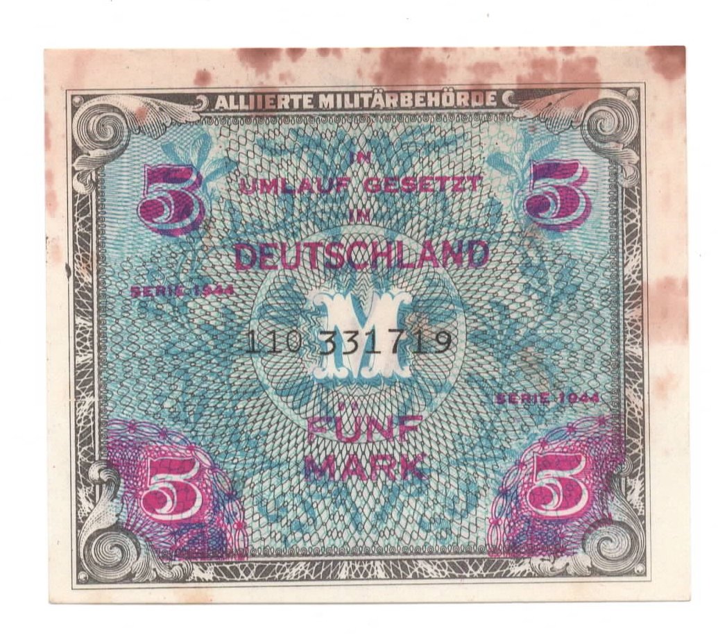 UDSSR-Druck, Ro. 202 c, 5 Mark 1944, leicht gebraucht II