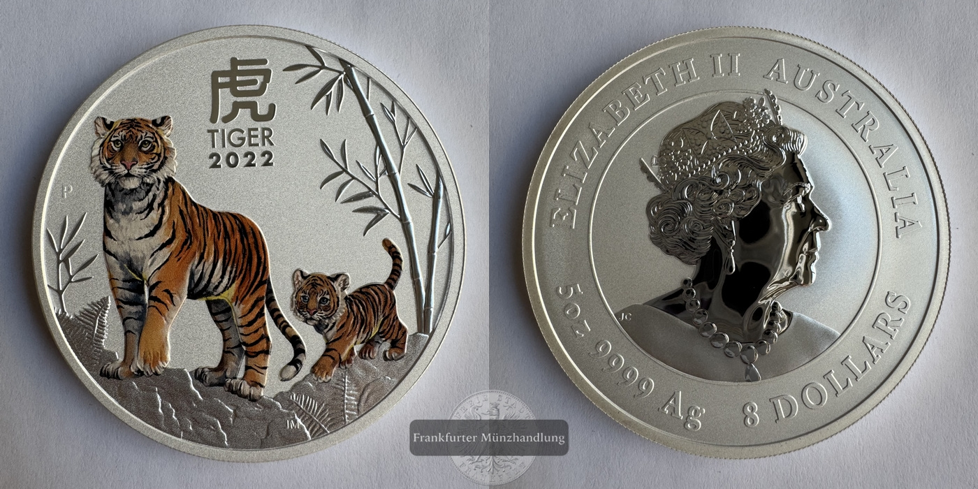  Australien 8 Dollar Jahr des Tigers 2022 FM-Frankfurt Feinsilber: 155,5g   