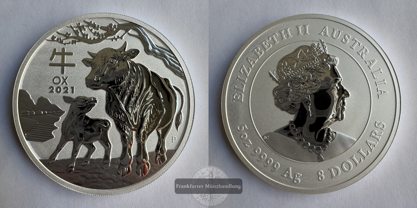  Australien 8 Dollar Jahr des Ochsen 2021  FM-Frankfurt  Feinsilber: 155,5g   