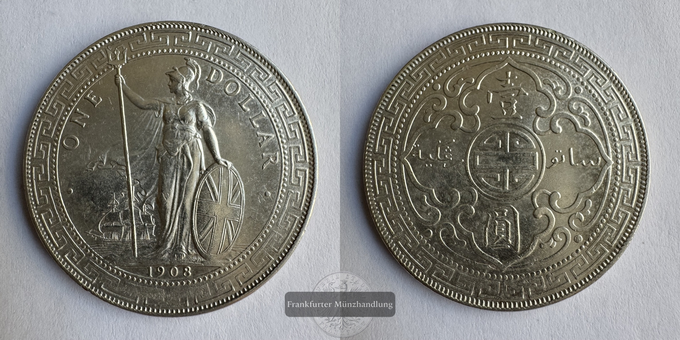  Großbritannien 1 Dollar 1908 Britischer Trade Dollar FM-Frankfurt KM#T5 Feinsilber: 24,26g   