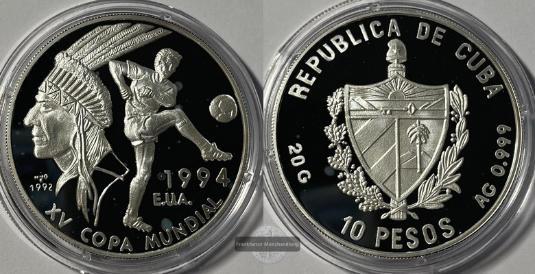  Kuba  10 Pesos  1992 World Cup Soccer USA '94 FM-Frankfurt Km#458 Feingewicht: 19,98g  Silber  PP   