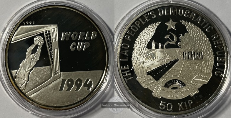  Laos  50 Kip  1991 Soccer World Cup FM-Frankfurt KM#47 Feingewicht: 19,98g  Silber  pp   