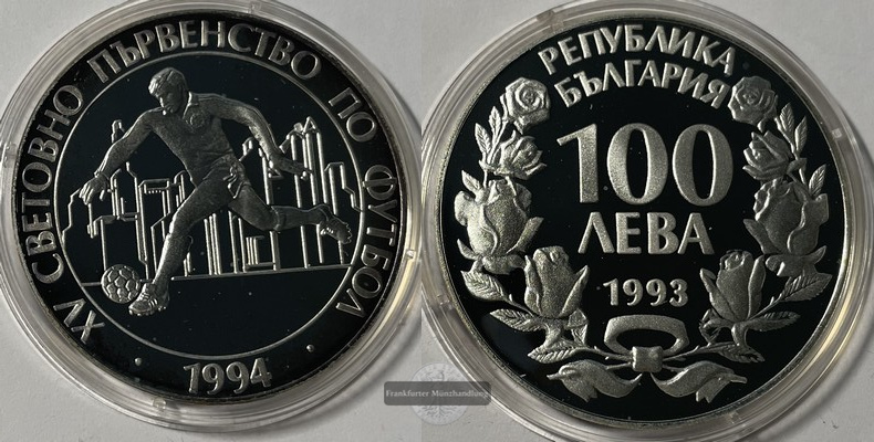  Bulgarien  100 Leva  1993  Weltmeisterschaft Fußball 1994 KM#210 FM-Frankfurt  Feinsilber: 21,49g pp   