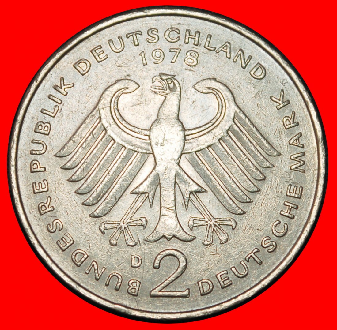  Ⰶ HEUSS (1884-1963): GERMANY ★ 2 MARKS 1978D BAVARIA 1949-1969! II+B+r2!★LOW START ★ NO RESERVE!   