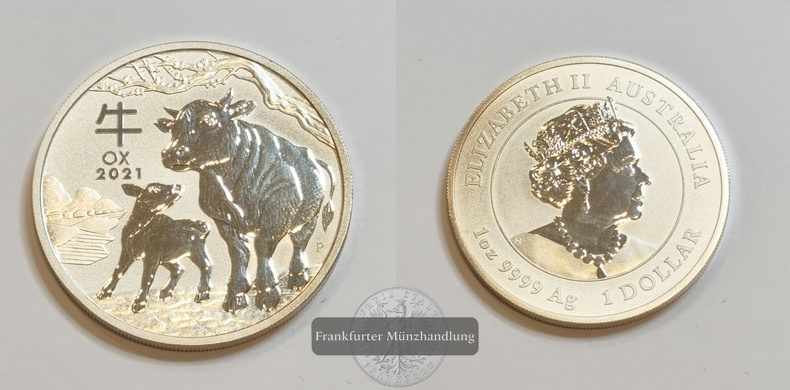  Australien 1 Dollar 2021 Jahr des Ochsen FM-Frankfurt Feinsilber: 31,06g   
