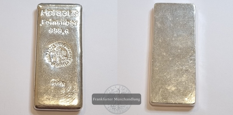  Deutschland Heraeus Edelmetalle Silberbarren 500g  FM-Frankfurt   Feinsilber: 500g   