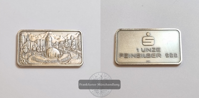  Deutschland Sparkasse 1 Unze Silber Motivbarren Mannheim FM-Frankfurt Feinsilber: 31,06g   