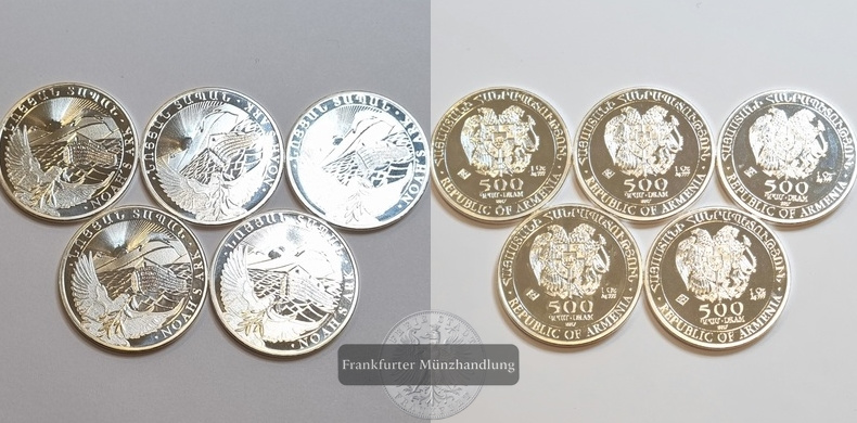  Armenien 500 Dram 2017  Noah's Arche 5 Münzen LOT FM-Frankfurt Feinsilber: 155,4 g   