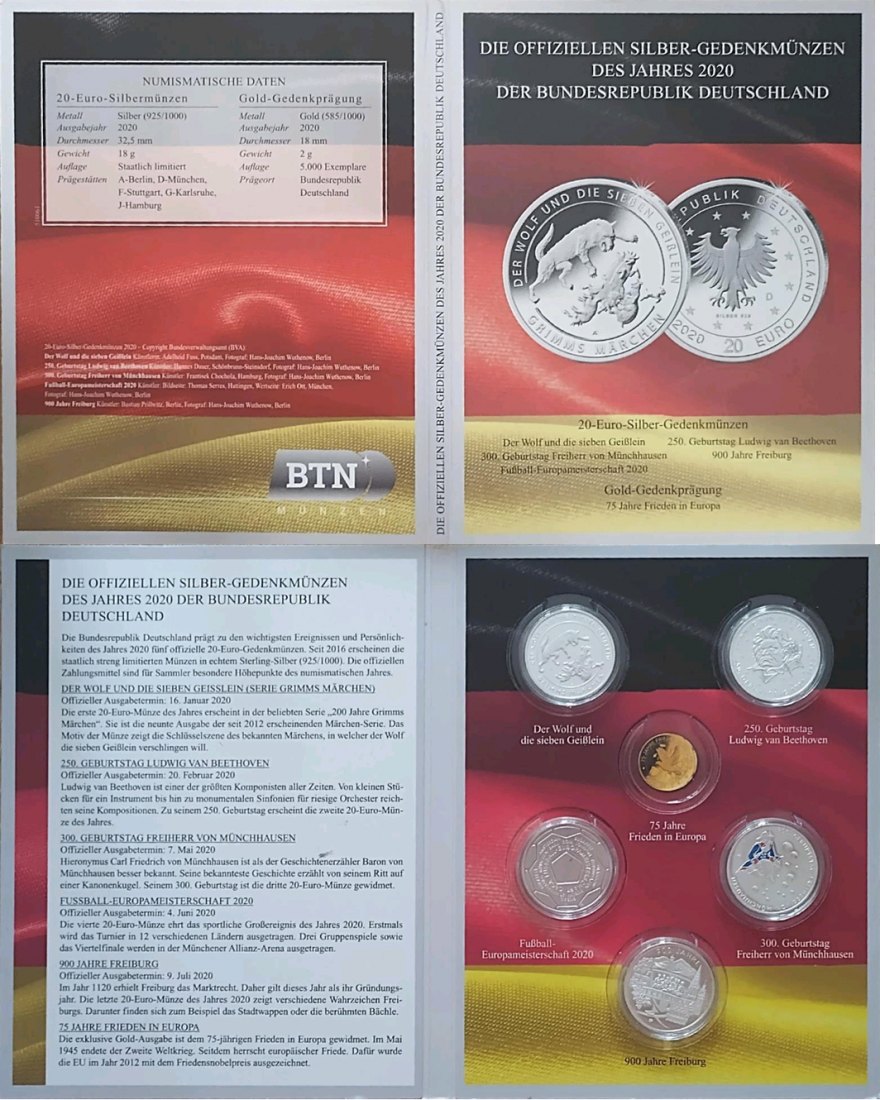  Deutschland 20 Euro Gedenkmünzensatz 2020 stempelglanz - Nur Silber!   