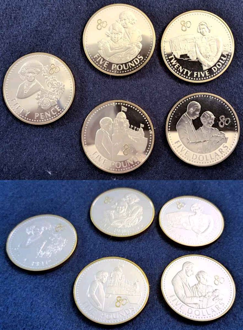  Numismatisches Schmankerl: 5 Silber-Gedenkmünzen zum 80. Geburtstag der Queen 2006 polierte Platte   