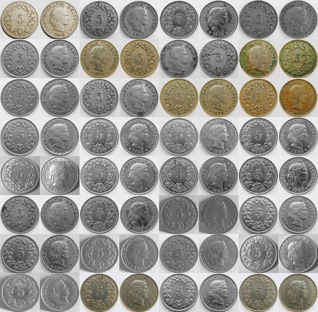  Schweiz 5 Rappen 1915-1959, 32 Stück   