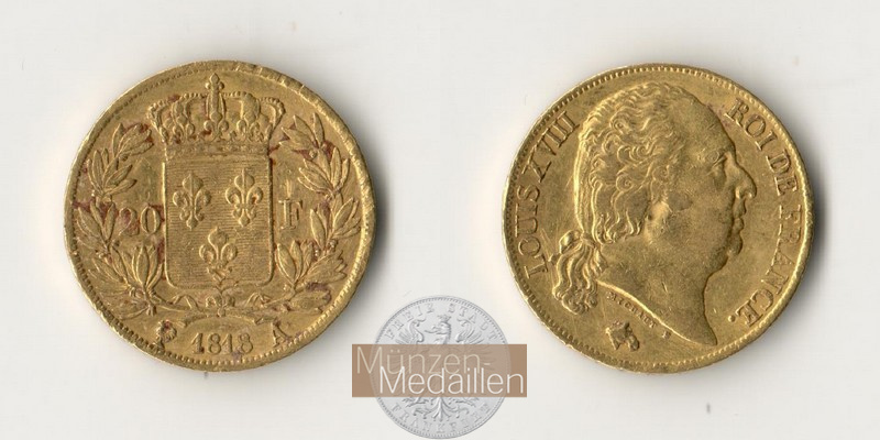 Frankreich MM-Frankfurt Feingold: 5,81g 20 Francs 1818 A 