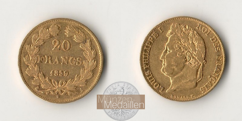 Frankreich MM-Frankfurt Feingewicht: 5,8g 20 Francs 1839 A 