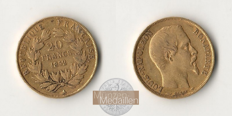 Frankreich MM-Frankfurt  Feingold: 5,81g 20 Francs 1852 A 