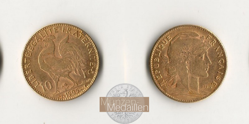 Frankreich MM-Frankfurt Feingold: 2,90g 10 Francs - Marianne 1905 