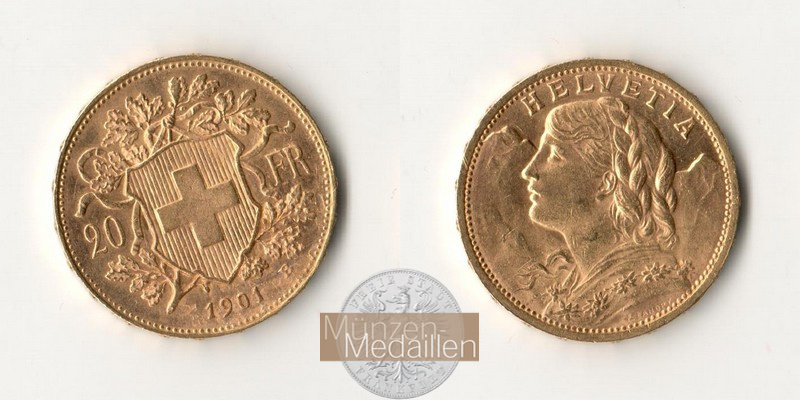 Schweiz  20sFR  1901 B MM-Frankfurt Feingold: 5,81g Vreneli  