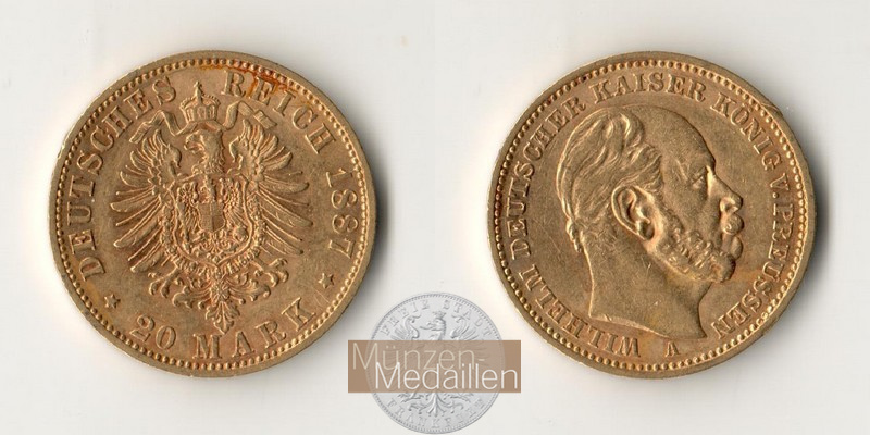 Deutsches Kaiserreich. Preussen MM-Frankfurt Feingold: 7,17g Wilhelm I. 20 Mark 1887 A 