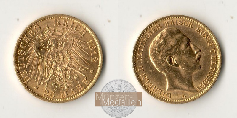 Dt. Kaiserreich Preussen, Wilhelm II. MM-Frankfurt Feingold: 7,17g 20 Mark 1912 A 