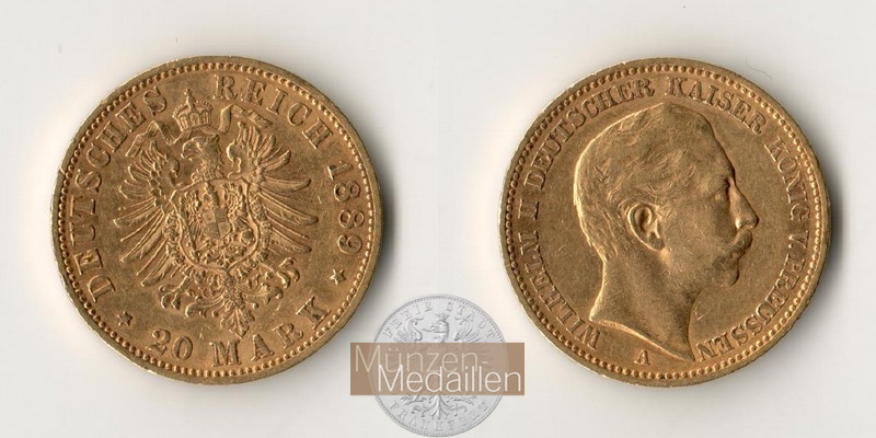 Dt. Kaiserreich. Preussen Wilhelm II. MM-Frankfurt Feingold: 7,17g 20 Mark 1889 A 