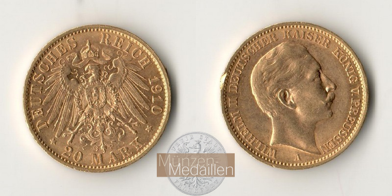 Dt. Kaiserreich. Preussen Wilhelm II. MM-Frankfurt Feingold: 7,17g 20 Mark 1910 A 