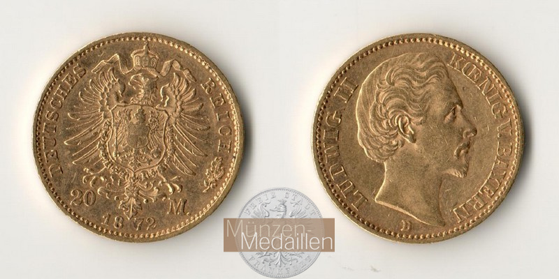 Bayern, Kaiserreich 20 Mark MM-Frankfurt Feingold: 7,17g Ludwig II. 1864-1886 1872 D 