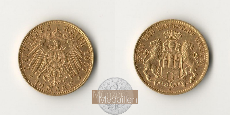 Hamburg, Kaiserreich  10 Mark MM-Frankfurt Feingold: 3,58g Freie und Hansestadt Hamburg 1907 J 