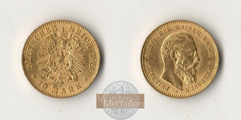 Dt. Kaiserreich Preussen, Friedrich III. MM-Frankfurt Feingewicht: 3,58g Gold 10 Mark 1888 A 