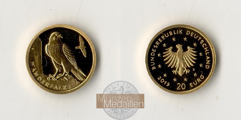 BRD  20 Euro MM-Frankfurt Feingold: 3,88g Heimische Vögel - Wanderfalke 2019 D 