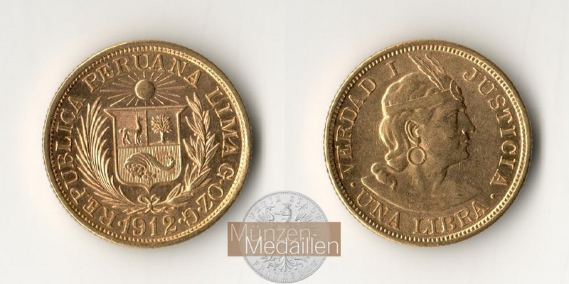 Peru MM-Frankfurt Feingewicht: 7,32g Gold 1 Libra 1912 ss