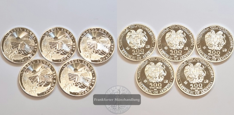  Armenien 500 Dram 2021 Noah's Ark 5 Münzen LOT FM-Frankfurt KM#196 Feinsilber: 155,4g   
