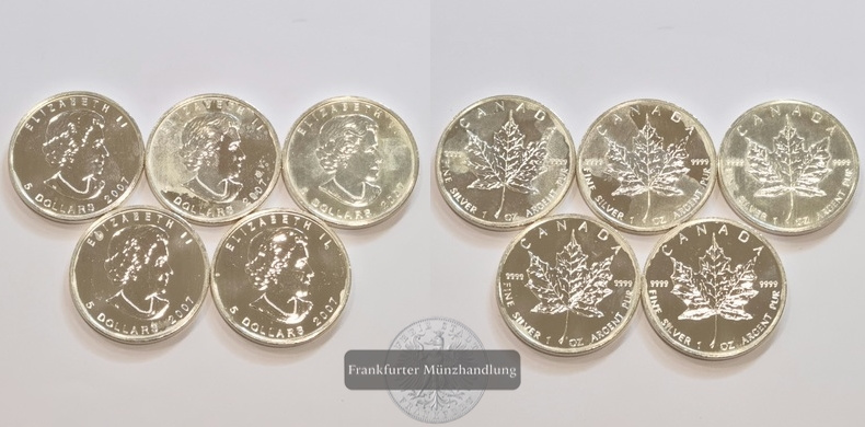  Kanada 5 Dollar 2007 Maple Leaf 5 Münzen LOT FM-Frankfurt  Feinsilber: 155,4g   