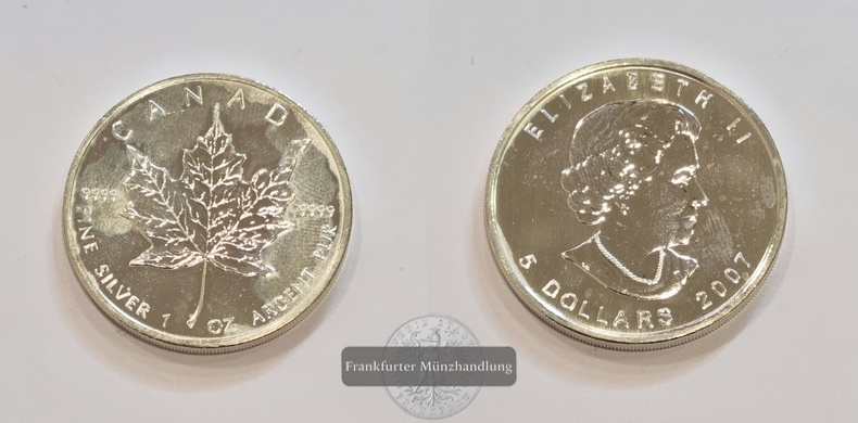  Kanada 5 Dollar 2007 Maple Leaf FM-Frankfurt  Feinsilber: 31,1g   