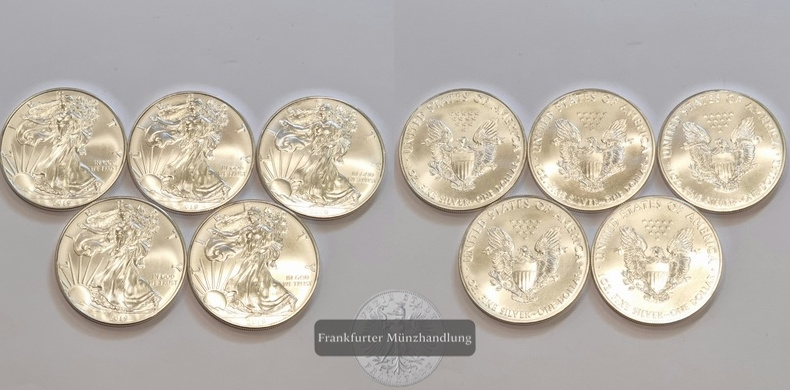 USA 1 Dollar 2019  Walking Liberty 5 Münzen LOT FM-Frankfurt KM#273 Feinsilber: 155,4g   