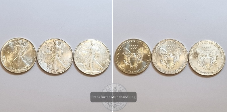  USA 1 Dollar  1990  American Eagle 3 Münzen LOT  FM-Frankfurt Feinsilber: 93,24g   