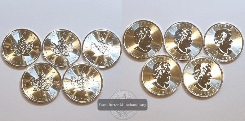  Kanada 5 Dollars 2022 Maple Leaf 5 Münzen LOT FM-Frankfurt Feinsilber: 155,4g   