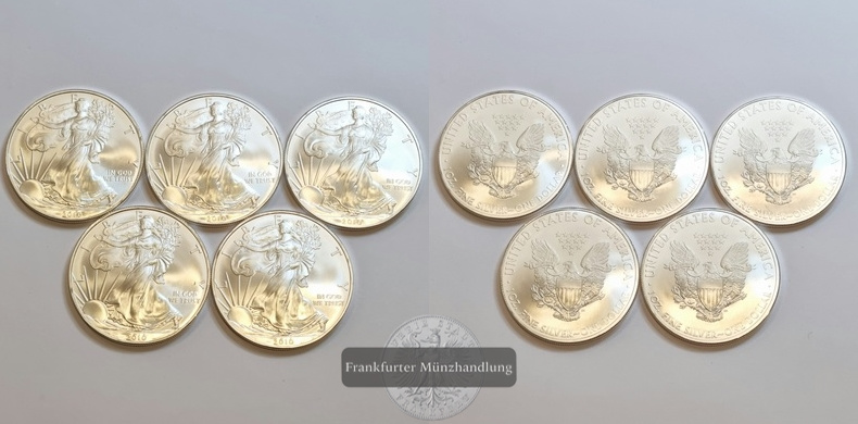  USA 1 Dollar  2010  American Eagle 5 Münzen LOT FM-Frankfurt Feinsilber: 155,5g   