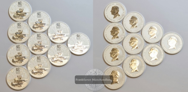  Australien 1 Dollar Year of the Snake 2025 10 Münzen LOT FM-Frankfurt  Feinsilber: 311g   