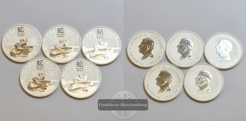  Australien 1 Dollar Year of the Snake 2025 5 Münzen LOT FM-Frankfurt  Feinsilber: 155,5g   