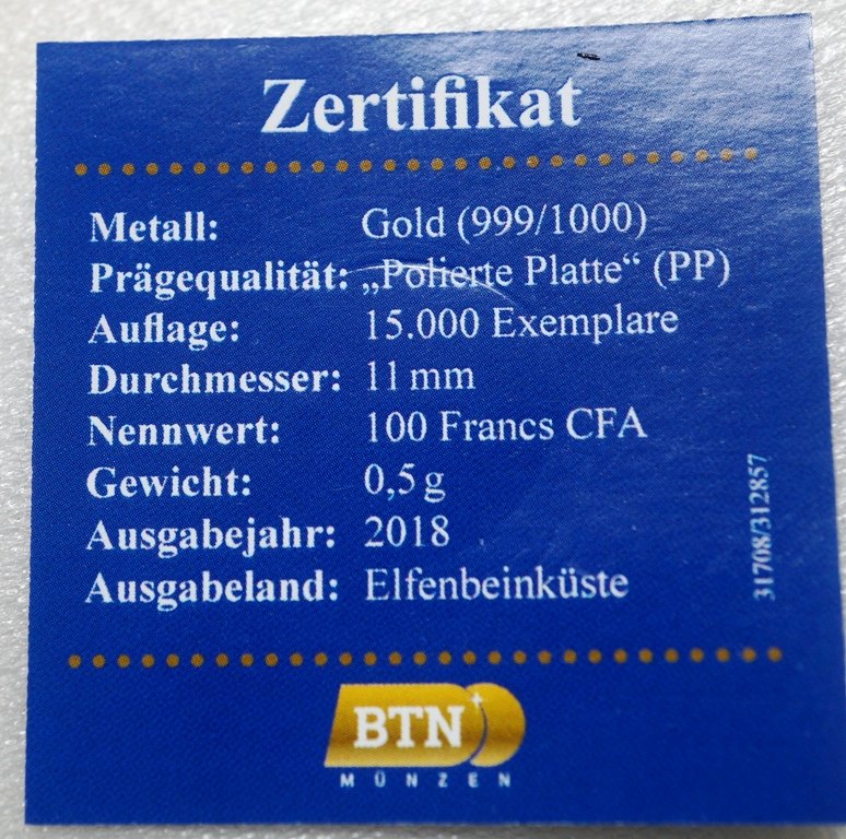  Elfenbeinküste, 100 Francs 2018, PP ,Feingold   