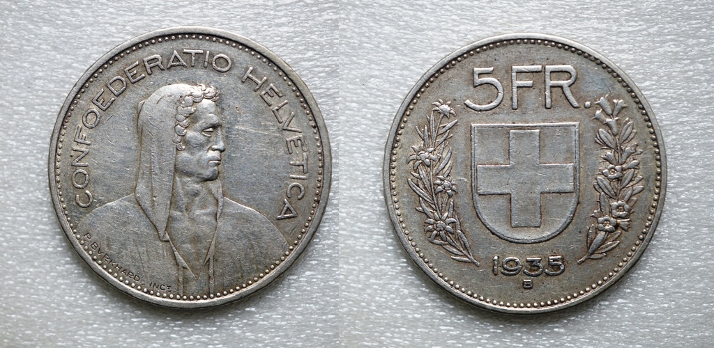  Schweiz, 5 Franken 1935 B, Silber   