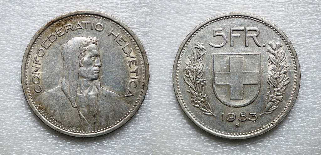  Schweiz, 5 Franken 1953 B, Silber   