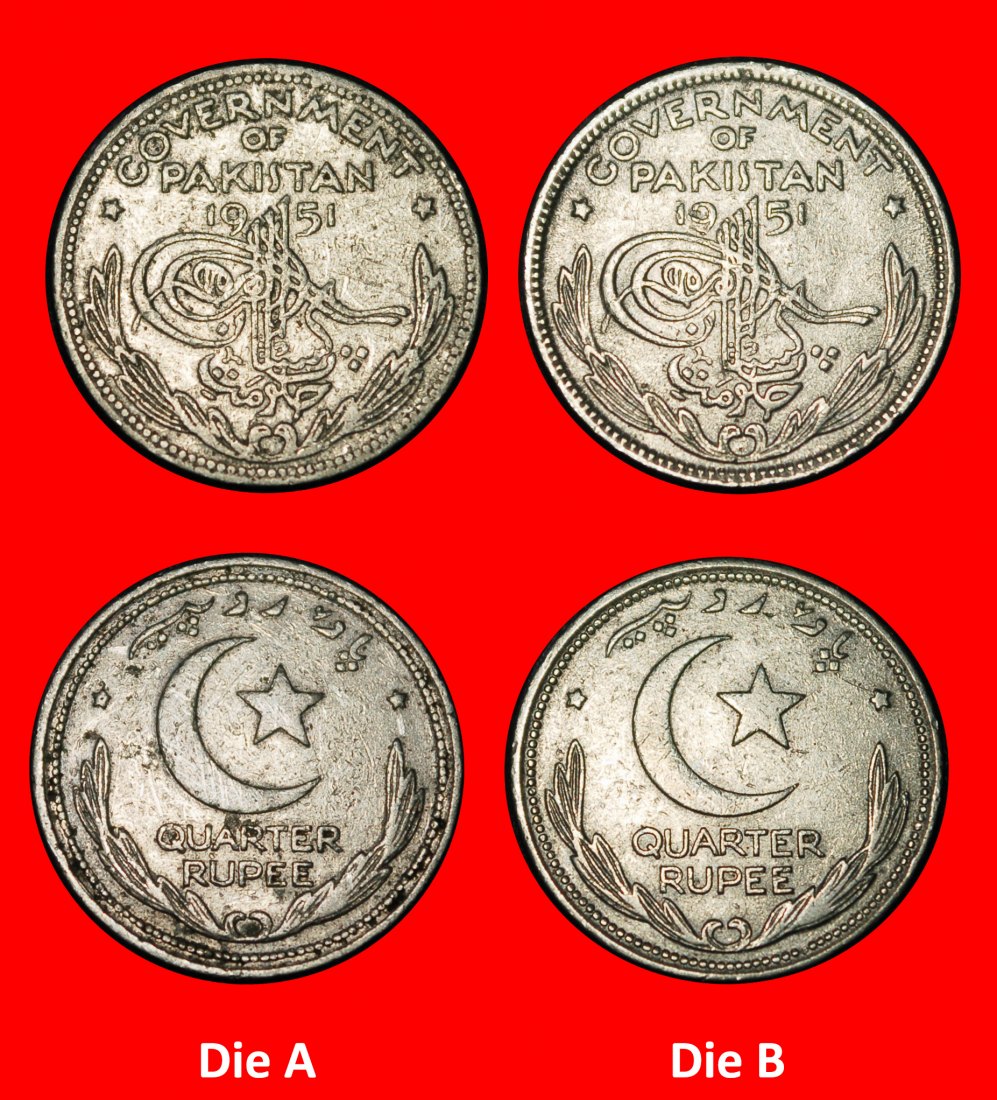  Ⰶ STAR & CRESCENT ERROR 1948-1951:PAKISTAN★1/4 RUPEE 1951! 2 DISCOVERY COINS★LOW START ★ NO RESERVE!   