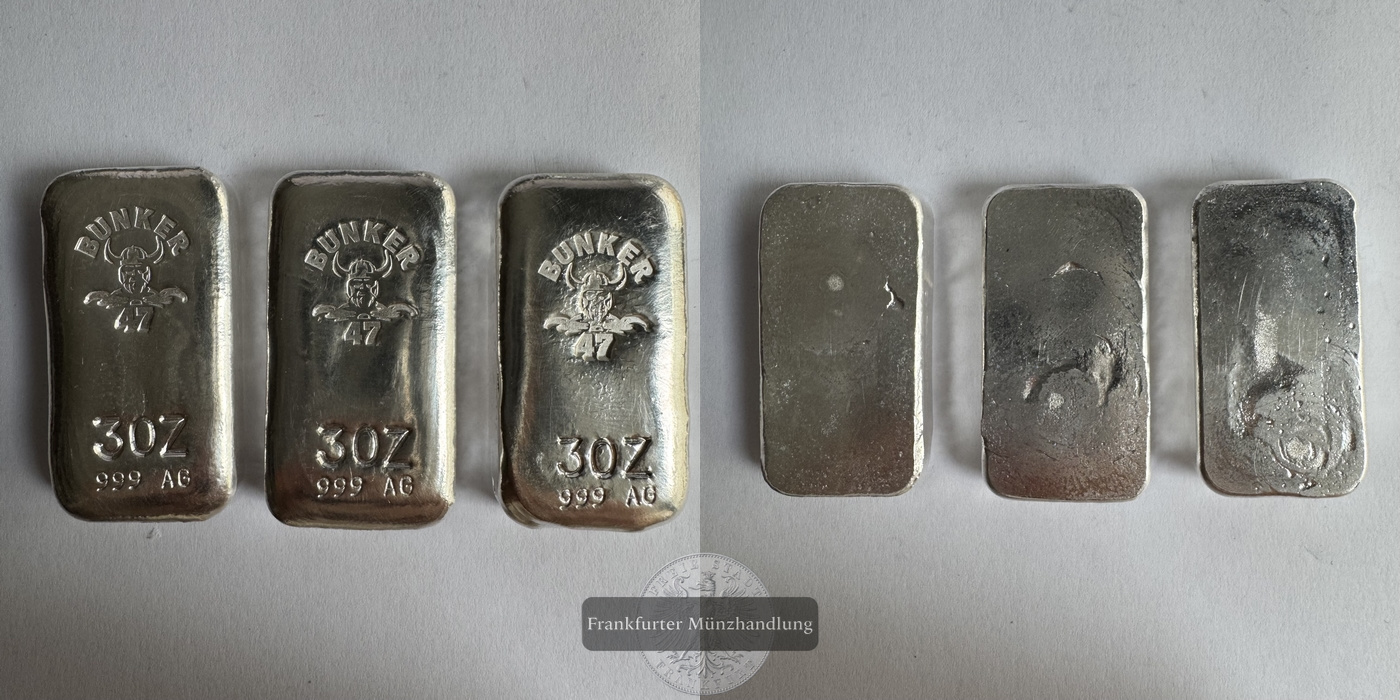  3x 3 Unzen Silberbarren Bunker 47 FM-Frankfurt Feinsilber: 286g   
