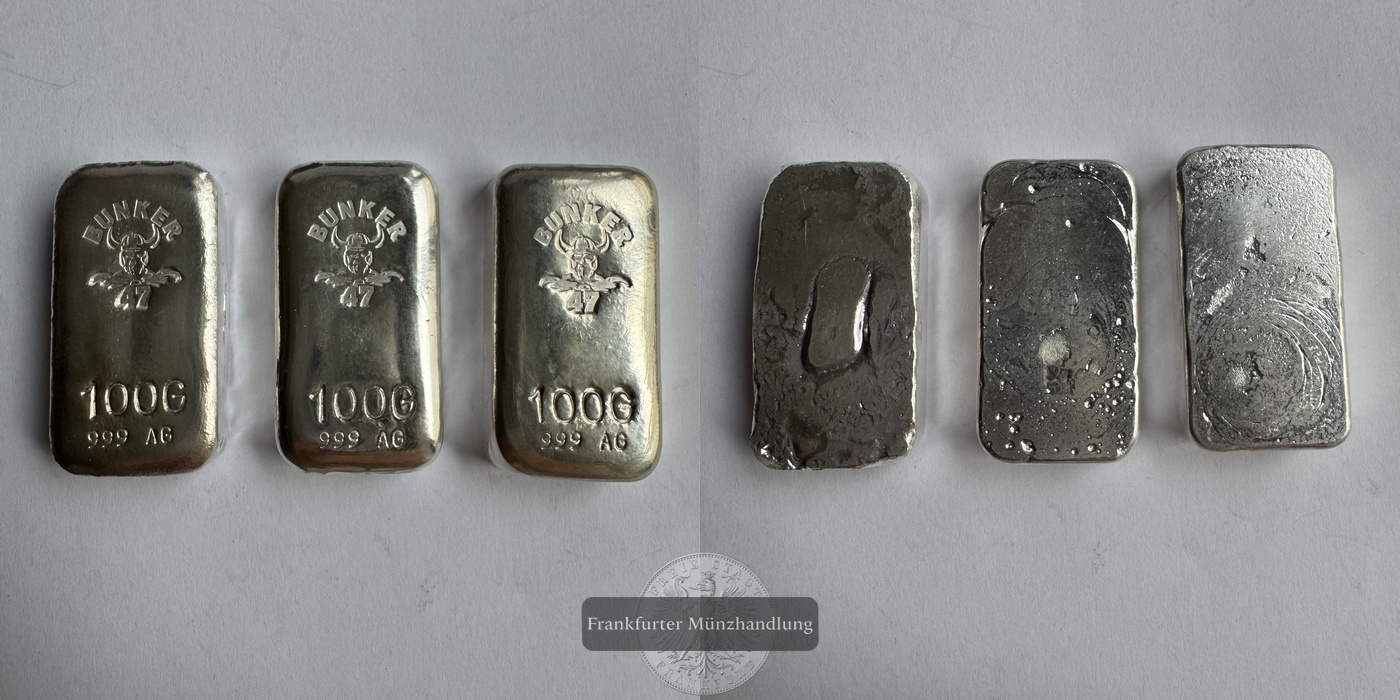  3x 100g Silberbarren Bunker 47 FM-Frankfurt Feinsilber: 313g   